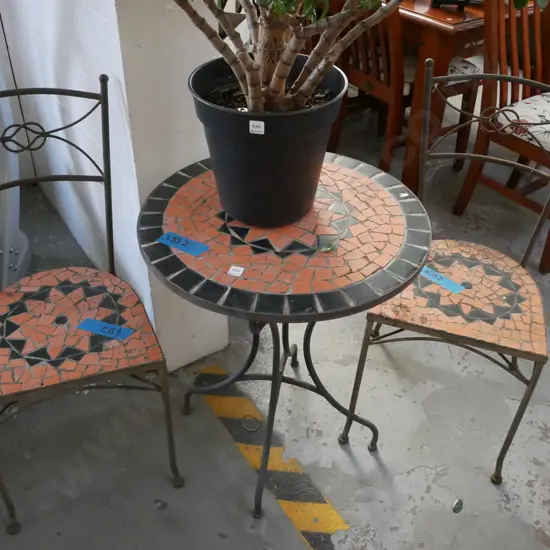 mosaic top patio with 2 matching chairs
