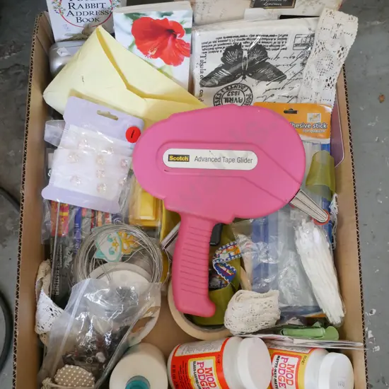 box; craft supplies, glue sticks, tape glider, glue, wire etc