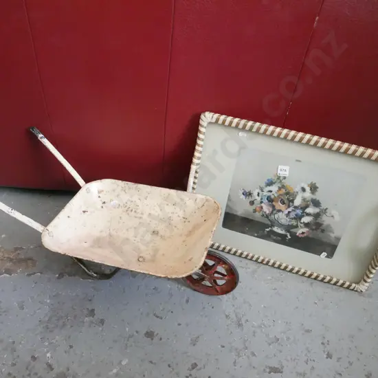 vintage child's wheelbarrow, glass top floral tray