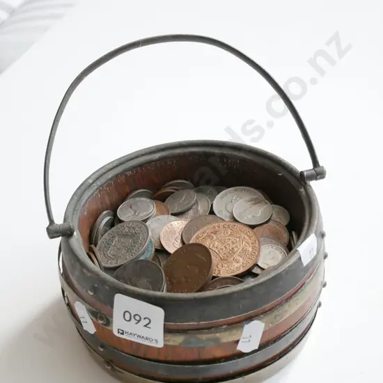 oak barrel basket of coins