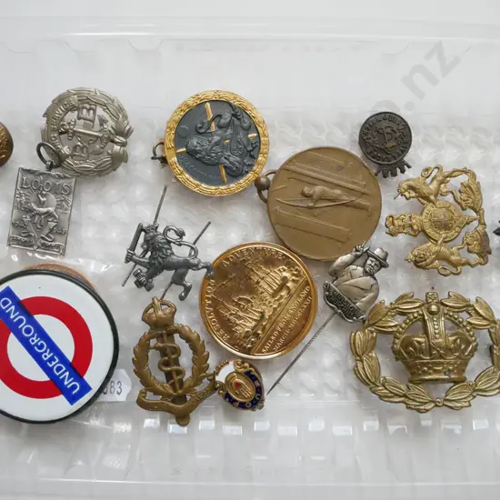 tray of military badges, key ring, medallions etc