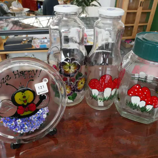 hand painted bottles, jars, plate