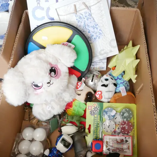 box; Simon game, soft toys, ping pong balls etc