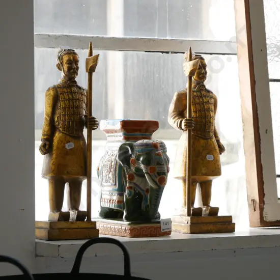 small ceramic elephant jardiniere stand, 2 oriental warrior figurines H-370