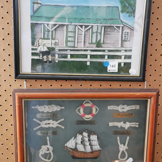 shadow box of sailing knots, framed acrylic - women in front of wooden villa - blue dots