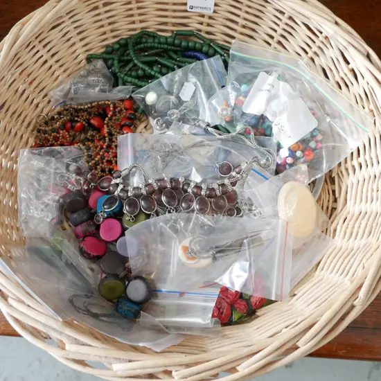 cane tray, costume jewellery