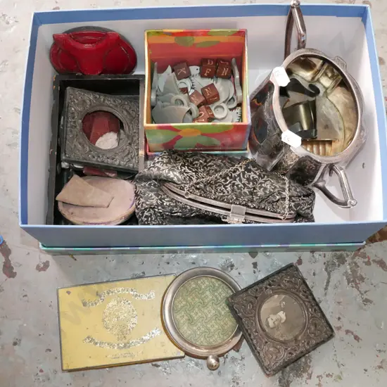 box; double handled plated vase, clutch purses, dice, miniature picture frames