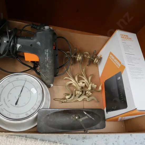 box; Smiths barometer, part piano sconces, router etc