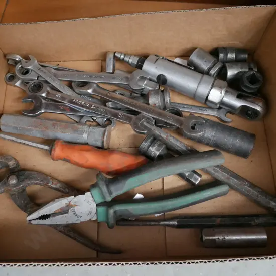 box of hand tools; spanners, pliers, cold chisel