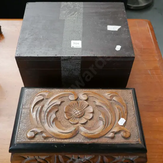 heavily carved jewellery box, 1 other lidded box