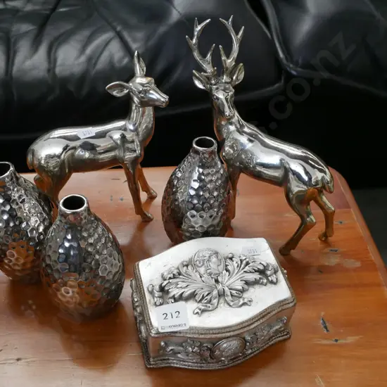 deer and stag ornaments, silver vases, trinket box