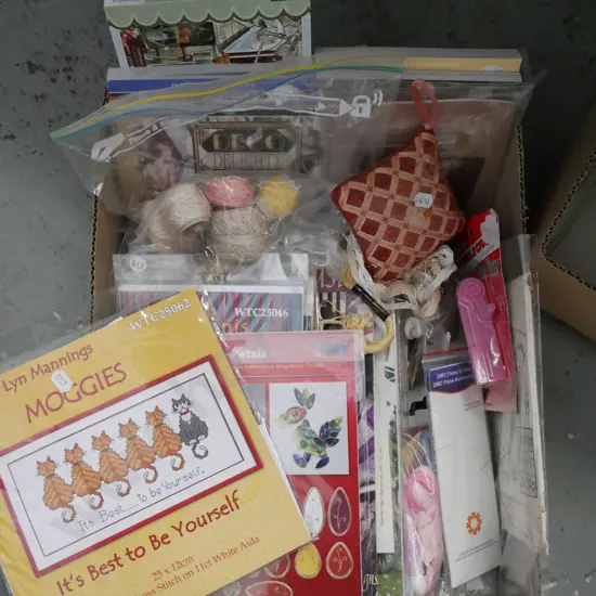 box; craft supplies, scrapbook stickers, cross stitch sets etc