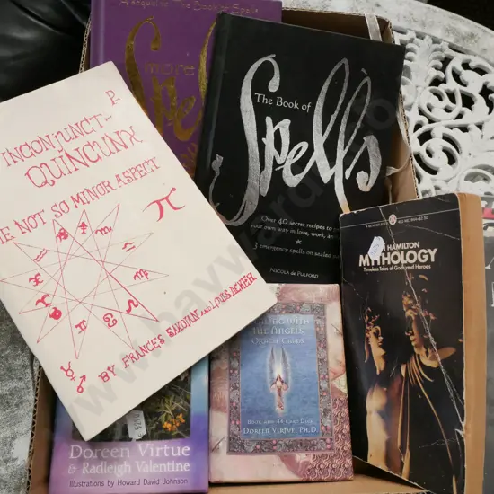 mythology books, tarot cards, spells etc