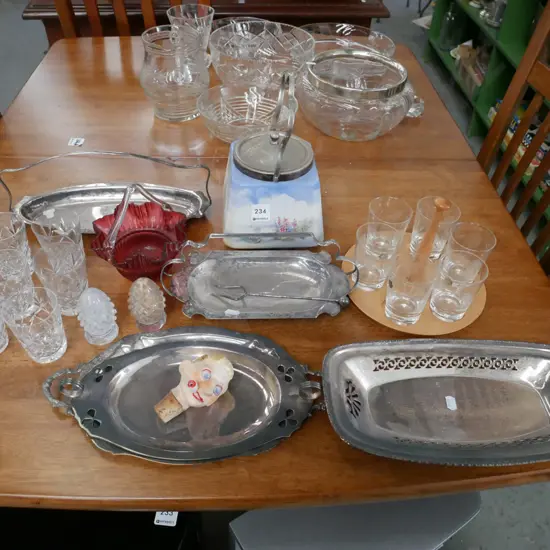 plated ware trays, ruby glass basket, whisky tumblers, nip pourer etc