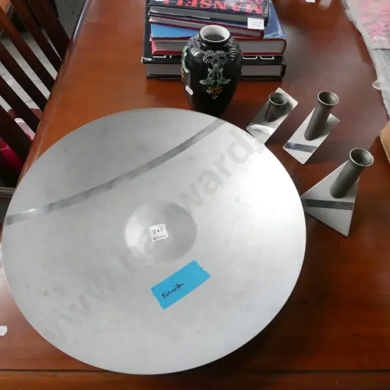 large Finnish metal bowl, matching candlesticks, black vase Diam-400