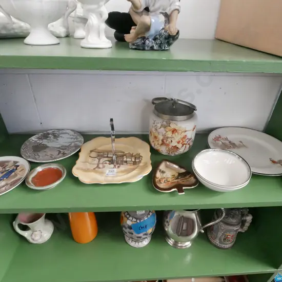 shelf; plates,  bowls, lidded biscuit barrel etc