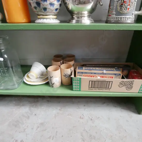 shelf; candles, bamboo tumblers, trio, large Agee jar