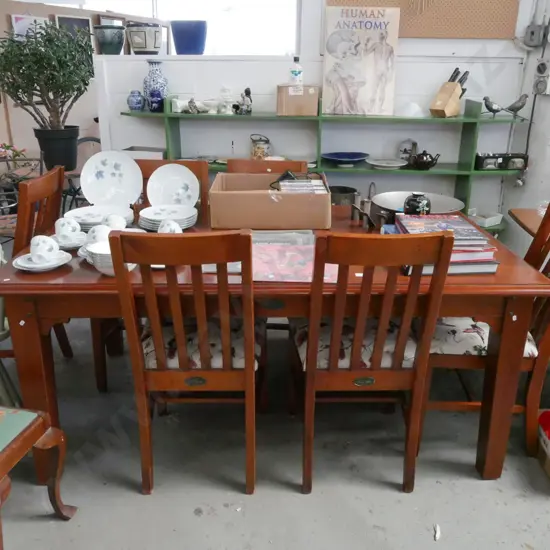 solid pine Village Collection dining table with 6 matching hummingbird upholstered chairs H-770 W-1800 D-1070