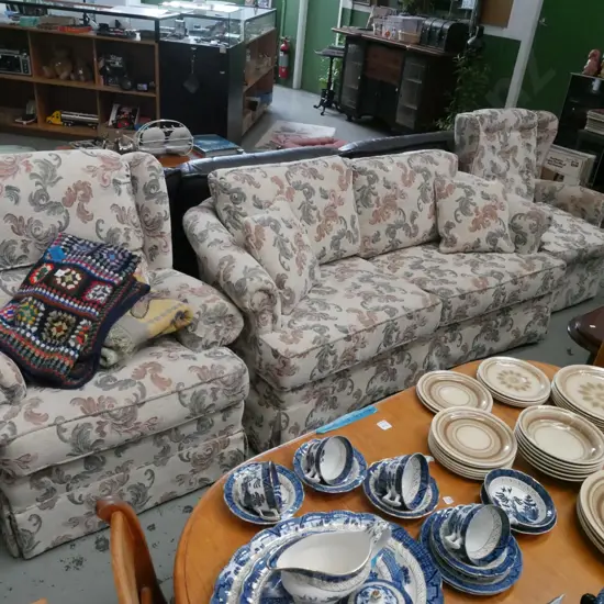floral upholstered 3 piece lounge suite with 2 wingback chairs, 1 chesterfield 2 seater settee