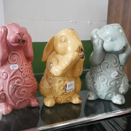 3x rabbit ornaments - hear no evil, see no evil, speak no evil
