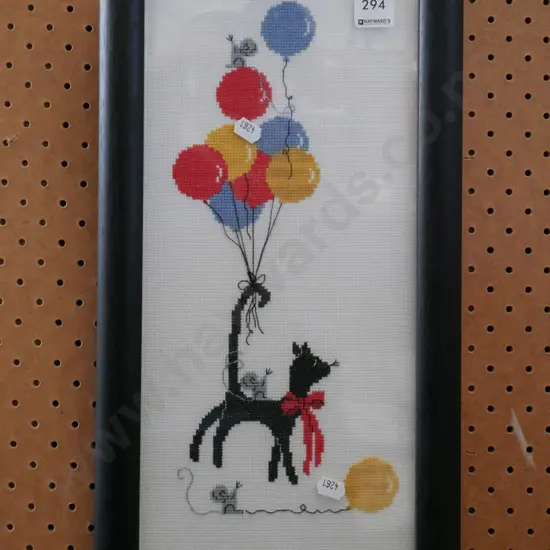 framed needlework - cat and balloons