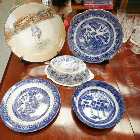 willow plates, bowls, Dickens ware plate, Spode jelly mould