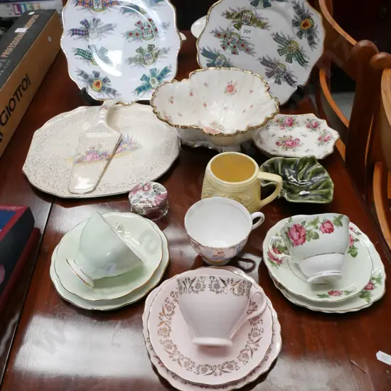 Queen Elizabeth coronation cup, crinoline lady cake server, cake plates, trios etc