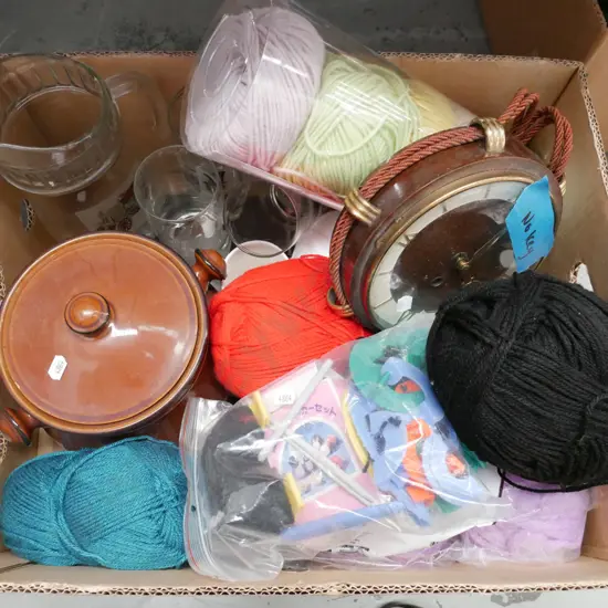 box; knitting yarn, water set, casserole, wall clock etc