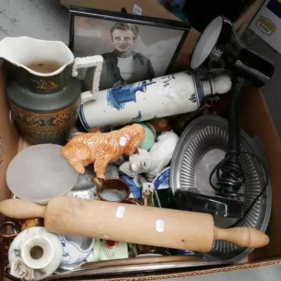 box; rolling pin, desk lamp, James Dean print, jugs etc