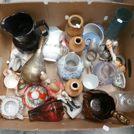 box; brass vase, ink bottles, jugs, figurine  etc