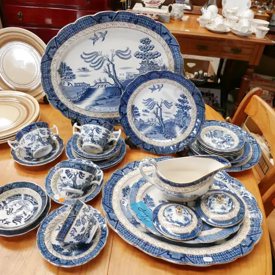large assortment of willow pattern, plates, cups, bowls - chips and damage