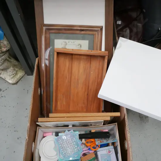 box; photo frames, artist's canvas, picture frames, rubber stamps etc