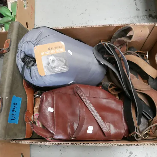 box; leather belts, pet travel bed, satchel