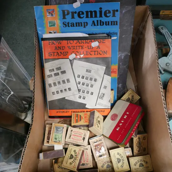 box; stamp collecting books, albums, matchboxes of stamps