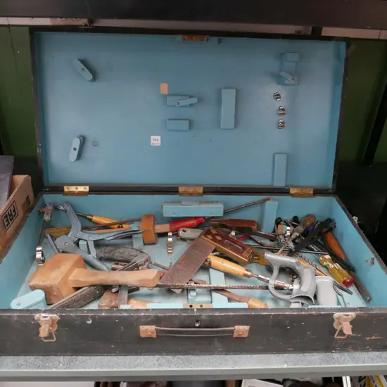 woodworker's chest; hammers, saws, builder's square, marker gauge etc