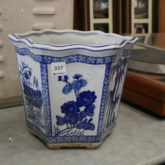 blue and white garden planter