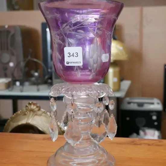 ruby cut glass goblet with lustres -some wear to rim H-240