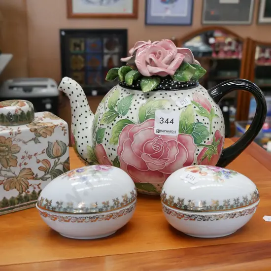 novelty tea pot, 2x ceramic eggs, small lidded canister