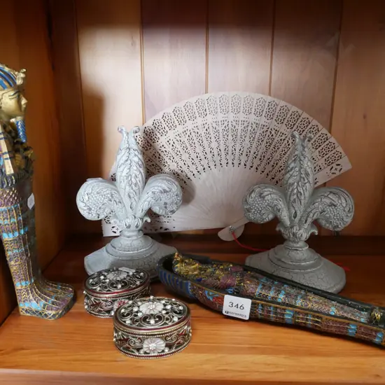 2x jewel boxes, fan, fleur de lis sculpture etc