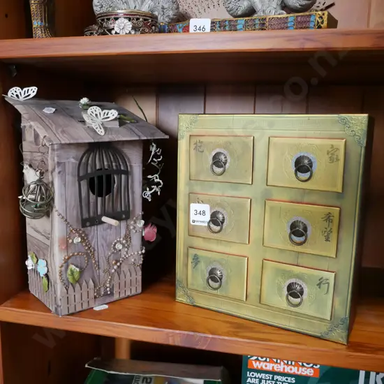 cardboard crafted birdhouse, small jewellery chest - contents H-235