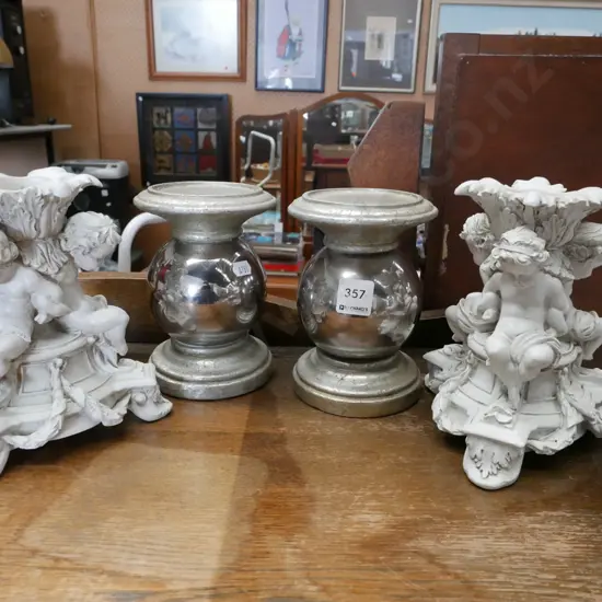 2x silver orb candlesticks, 2x ornate cherub figurine tea light standsH-165