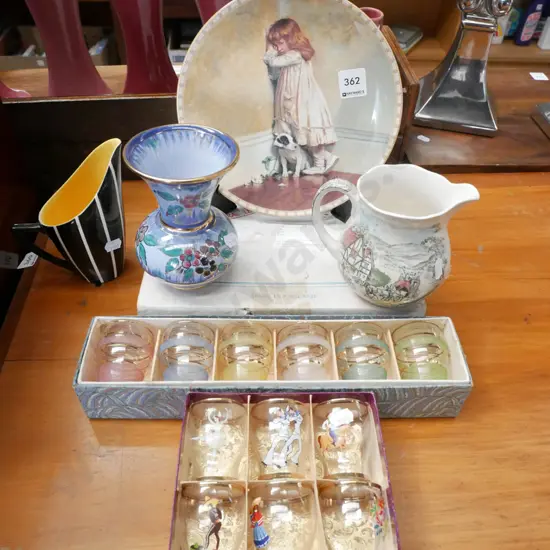 Royal Doulton Victorian childhood plate, shot glasses, jugs, vase