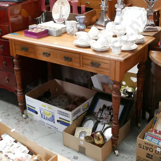 rimu turned leg 1 drawer hall table on enamel casters - some signs of borer in drawer H-780 W-1100 D-555