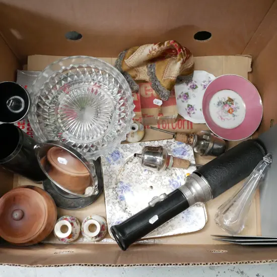 box; vintage torch, plates, cut glass bowl etc