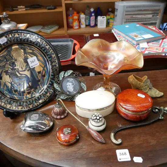 Carnival glass comport, trinket boxes etc