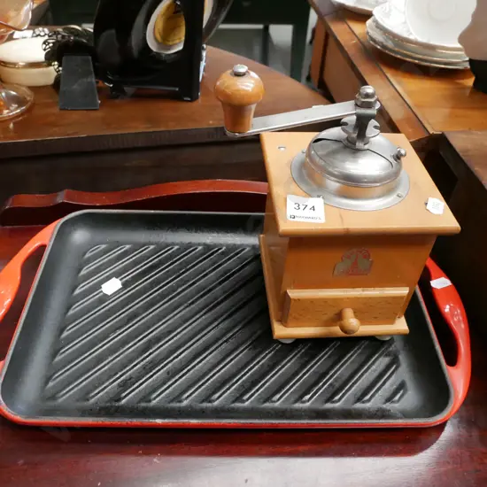 coffee mill, cast iron Le Creuset skillet baking tray
