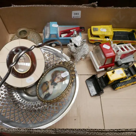 box; model vehicles, sparkling dog ashtray, small framed portraits etc