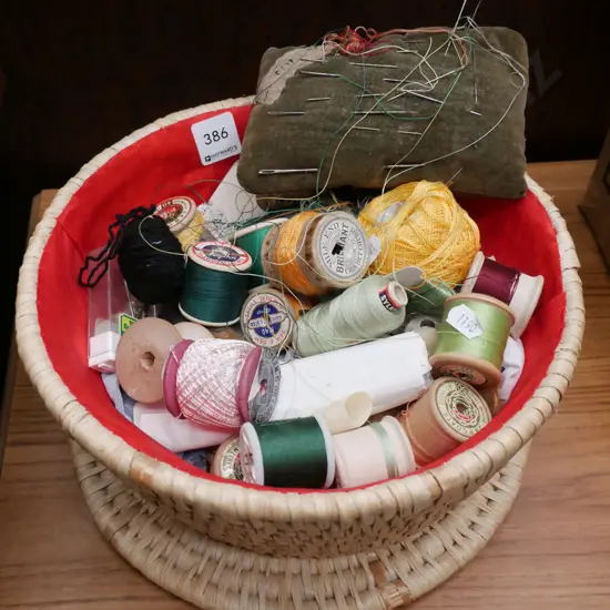 cane sewing box; needles, threads etc