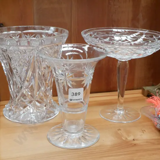 2x cut crystal vases, comport