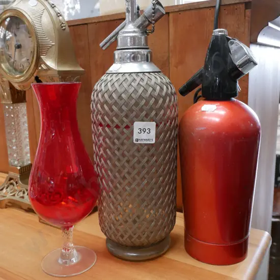 2x soda syphons, footed ruby glass vase